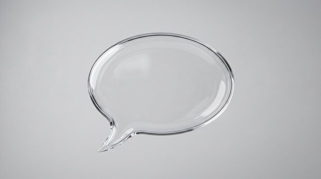 Clear glass speech bubble icon with a gray background and smooth lighting.