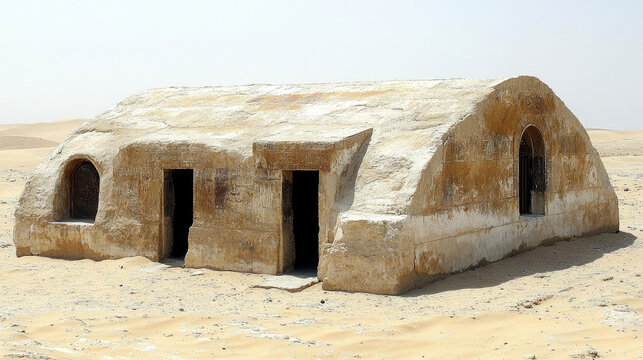Ancient Egyptian mud brick tomb structure in desert landscape, historical archaeological site, weathered facade