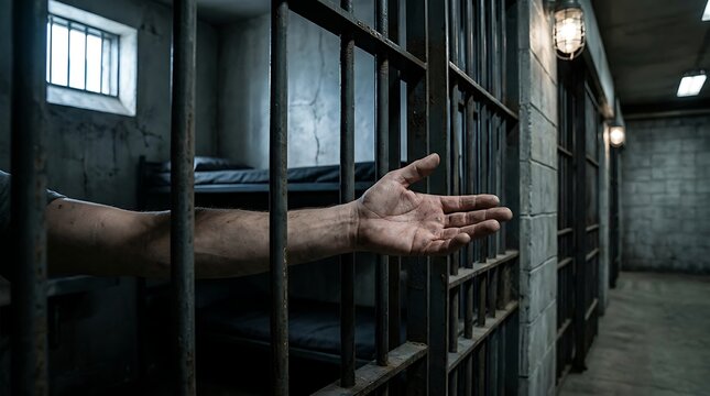 Prisoner's hand reaching through metal bars of a jail cell, seeking help or freedom, highlighting themes of confinement and desperation in a grim environment.