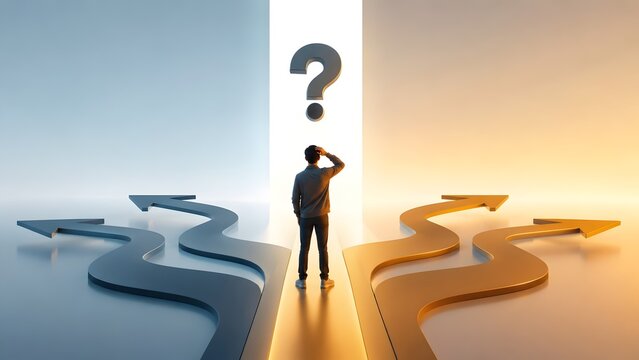 Business decision concept with man standing at crossroads facing multiple path choices and question mark