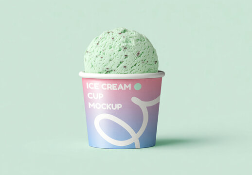 Pastel Ice Cream Cup Mockup PSD With Mint Scoop On Soft Mint Background