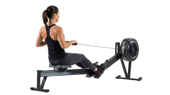 Athletic woman using rowing machine, fitness girl training on indoor rower, cardio workout and strength exercise in gym isolated PNG with Transparent Background