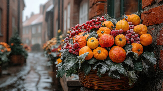 Autumn harvest decoration with mini pumpkins and berries on a street in winter snowfall