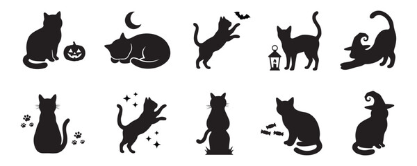 Obraz premium Halloween cat silhouette vector set with cats, pumpkins, bats, moon, lantern, candy, stars, and witch hat elements, isolated on a white background.