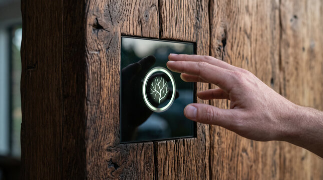Smart home control panel on rustic wood wall, hand touching digital interface, modern home automation system