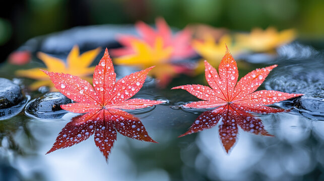 Autumn Maple Leaves Floating on Water Surface with Dew Drops, Vibrant Red and Yellow Colors, Serene Nature Reflection