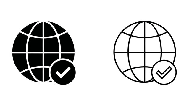 Globe with Checkmark Icons: Two stylized globes, one filled and one outlined, each paired with a checkmark symbol, representing global approval, confirmation, or a verified internet connection.