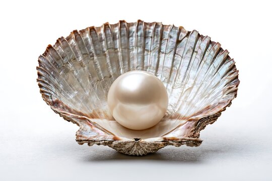 A beautiful lustrous white pearl resting inside an open seashell isolated on white background