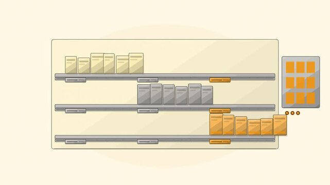 Abstract animated products arranged to a shelf planogram drawn as amber and orange lines and shapes on a bright, clean light background. Seamless looping 4K motion graphics video with free space for t