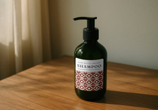 Shampoo Pump Bottle Mockup PSD On Wooden Table In Warm Natural Light
