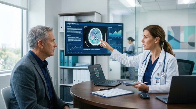 Doctor Discusses Brain Scan Results With Patient In Modern Medical Office