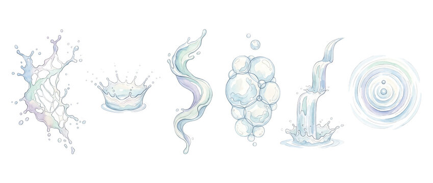 Water splash liquid element set illustration featuring watercolor water crown, ripples, bubbles, and flowing waterfall streams isolated on black background for graphic design and animation effects.