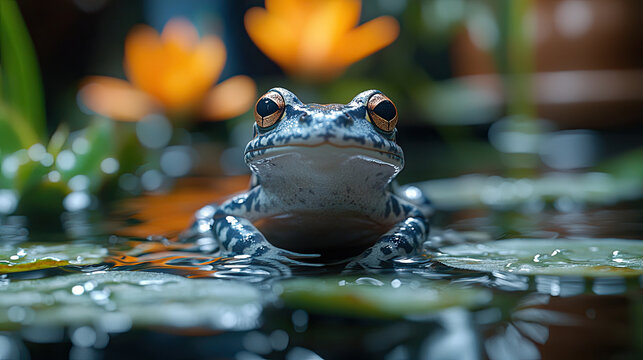 Close-up of a small, patterned frog sitting on lily pads in a pond with blurred orange water lilies in the background.