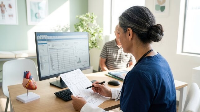 Doctor Discusses Patient Health Data On Computer Screen With Heart Model