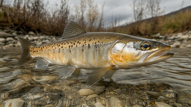 Close-up of a wild trout fish swimming in a clear, shallow stream with rocky riverbed, natural light.