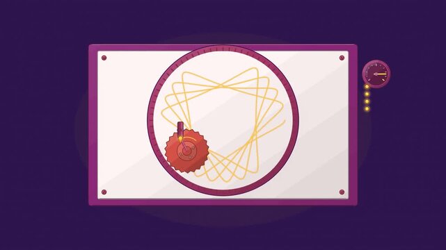 Abstract animated spirograph tracing looping curves drawn as violet and blue lines and shapes on a deep dark background. Seamless looping 4K motion graphics video with free space for text, ideal for t