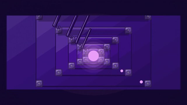 Abstract animated fractal zooming into endless recursion drawn as violet and blue lines and shapes on a deep dark background. Seamless looping 4K motion graphics video with free space for text, ideal 
