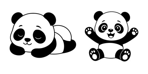 Two cute panda icons in black and white © RebakaJarin