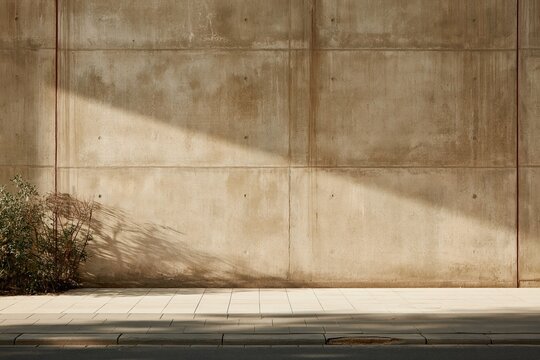 Bare concrete wall with a weathered texture and a wide tiled pavement, featuring a raking daylight beam for urban advertising and mockup projects