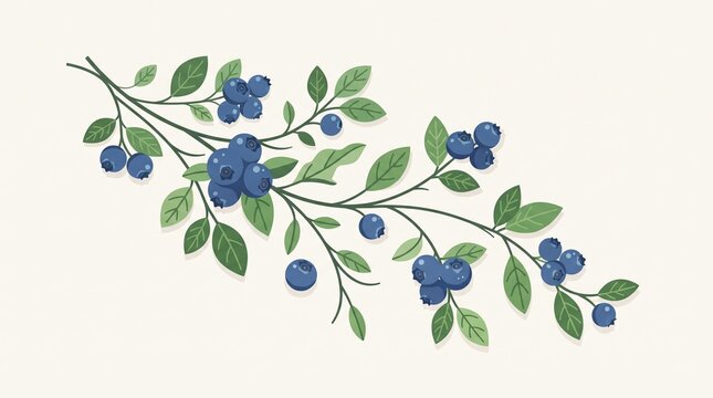 Fresh blueberry botanical composition with ripe berries, green leaves, and branches in elegant flat style, isolated on a clean background.