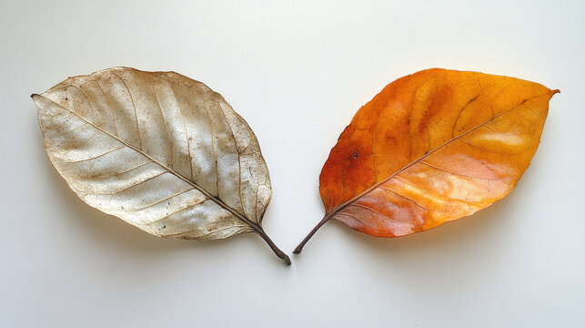 Contrast of Two Leaves: One Vibrant Orange, One Dried and Faded, on White Background