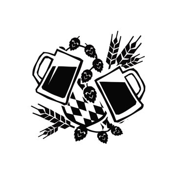 Traditional ceramic beer mug set adorned with golden hops garland and barley sheaves in a Bavarian crown crest design, ideal for Oktoberfest branding, brewery logos, and heritage-themed beverage