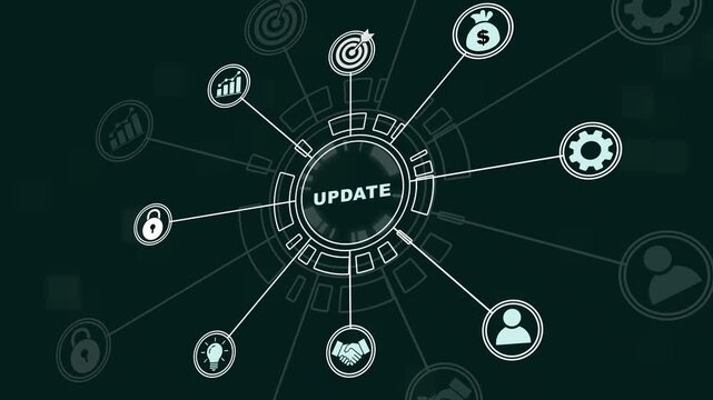 Dynamic digital update interface with animated hud futuristic network connectivity business growth infographics, and tech-driven data processing hud overlay for corporate presentations