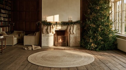 Naklejka premium Stone hearth with festive stockings in a cozy paneled sitting room, featuring a glowing fire and decorated fir for holiday interior campaigns