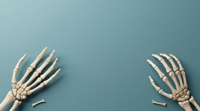 Two anatomical skeleton hands reaching out on a teal background with copy space and small bones
