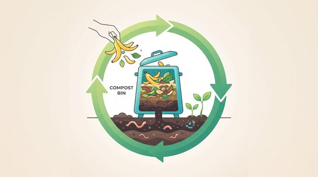 Banana peel composting concept with organic scraps, soil, sprouts and recycling symbols in a modern flat illustration about sustainability.