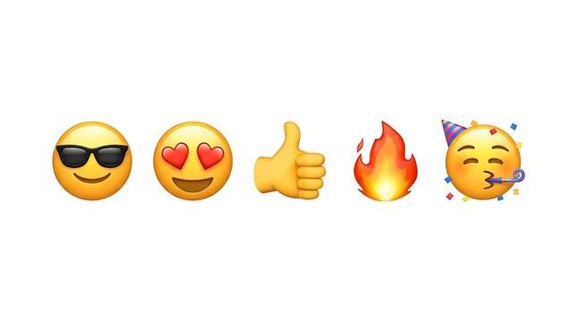 Collection of vibrant emojis expressing emotions like coolness, love, approval, excitement, and celebration for digital communication.