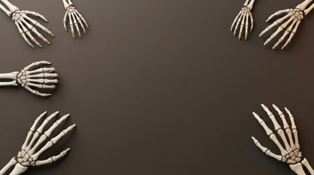 Skeleton hands reaching from dark background with copy space for Halloween