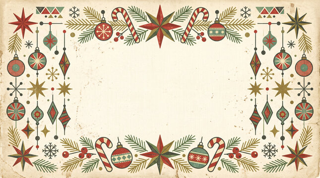 Retro Vintage Christmas pattern border with candy canes geometric stars and colorful baubles on aged paper texture featuring pine needles and red berries for festive holiday web header background