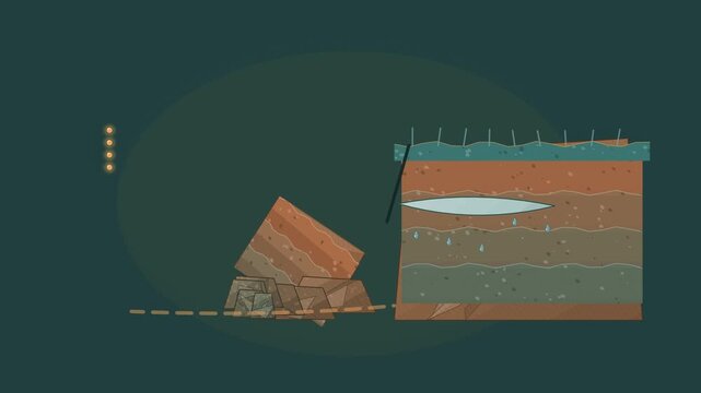 Abstract animated permafrost thawing and slumping drawn as amber and orange lines and shapes on a deep dark background. Seamless looping 4K motion graphics video with free space for text, ideal for sc