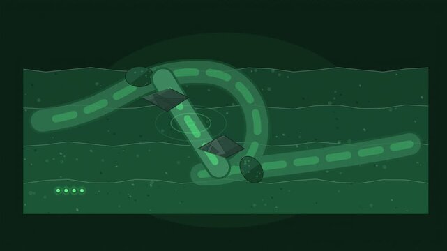 Abstract animated river meander cutting off into an oxbow drawn as green and teal lines and shapes on a deep dark background. Seamless looping 4K motion graphics video with free space for text, ideal 