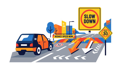 Fototapeta premium Modern flat vector illustration depicting an orange car navigating through a busy city street with multiple bright warning road signs and speed limit signals indicating a required slow down zone
