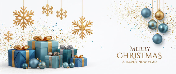 Naklejka premium Elegant merry christmas social media cover banner website header design, holiday celebration background with gift boxes, golden snowflakes, and festive ornaments on white empty space for text