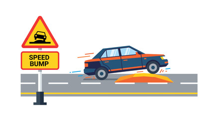 Naklejka premium Speed bump warning sign illustration featuring a dark blue sedan vehicle driving over a raised orange road obstacle with motion lines in a flat vector graphic style for traffic safety
