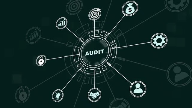 Digital audit concept animation featuring interactive hud interface with financial compliance data analysis network, corporate governance strategy, and modern business technology