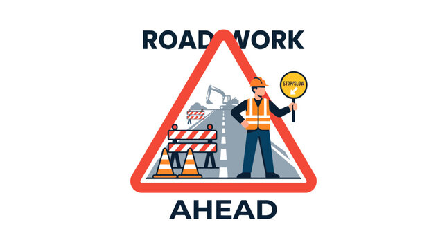Road work ahead warning vector illustration featuring a construction worker wearing a reflective orange vest and safety hard hat holding a directional sign within a bold red triangular traffic symbol