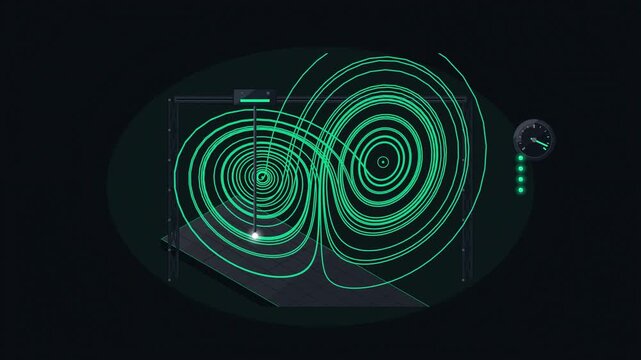 Abstract animated strange attractor tracing its orbit drawn as green and teal lines and shapes on a deep dark background. Seamless looping 4K motion graphics video with free space for text, ideal for 