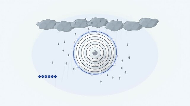Abstract animated hailstone growing in an updraft drawn as cool blue-white lines and shapes on a bright, clean light background. Seamless looping 4K motion graphics video with free space for text, ide