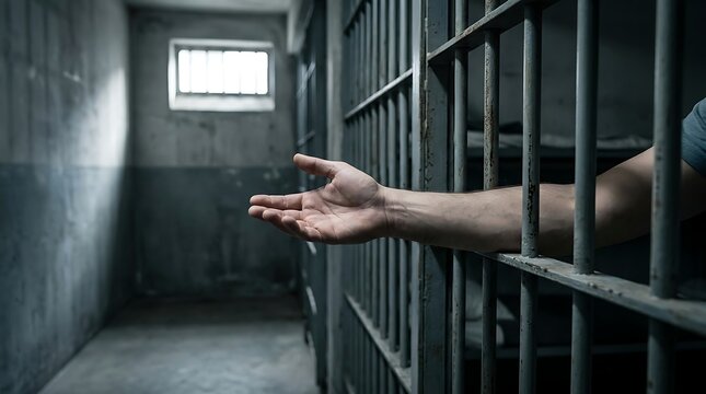 Prisoner's hand reaching out from jail cell bars seeking help or freedom, representing incarceration and justice system issues.