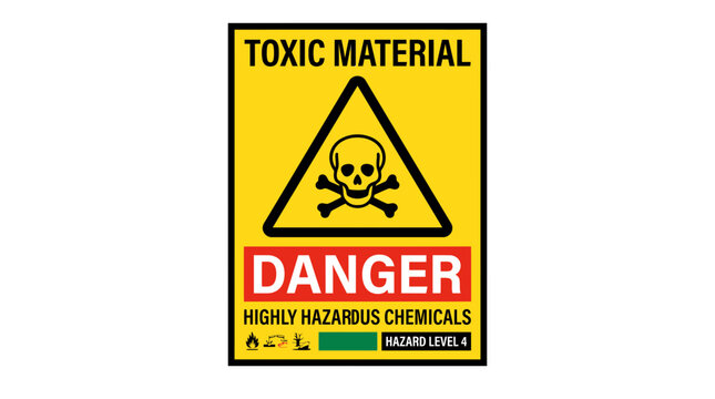 Toxic material danger warning sign featuring a black skull and crossbones symbol inside a bright yellow triangle on a rectangular background for industrial safety and hazardous chemical substance
