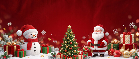 Naklejka premium Christmas eve celebration background with snowman, christmas tree, santa claus with sack of gifts and festive ornaments red background for banner cover header design with Empty copy space for text