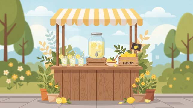 Empty Lemonade Stand with Citrus Drink Dispenser, Glasses and Fresh Lemon Slices, cheerful flat illustration for summer beverage and refreshment concepts.