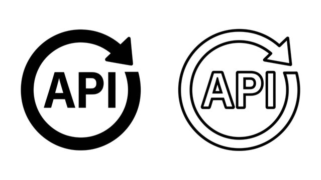 API Icon Symbol: A clear and concise representation of an Application Programming Interface, showcasing both a solid and outlined icon with a circular arrow indicating interaction or a process flow.