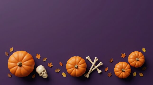 Halloween pumpkins and bones arranged on a purple background with autumn leaves