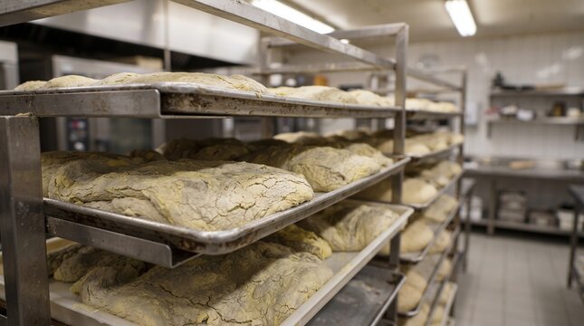 Artisan sourdough bread dough on industrial cooling racks, fresh bakery production in commercial kitchen, raw loaves on metal trays