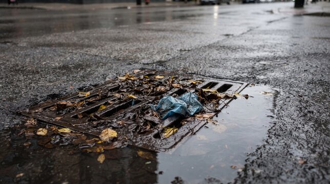Clogged storm drain with autumn leaves and plastic trash, blocked street gutter during rain, urban flooding and pollution concept